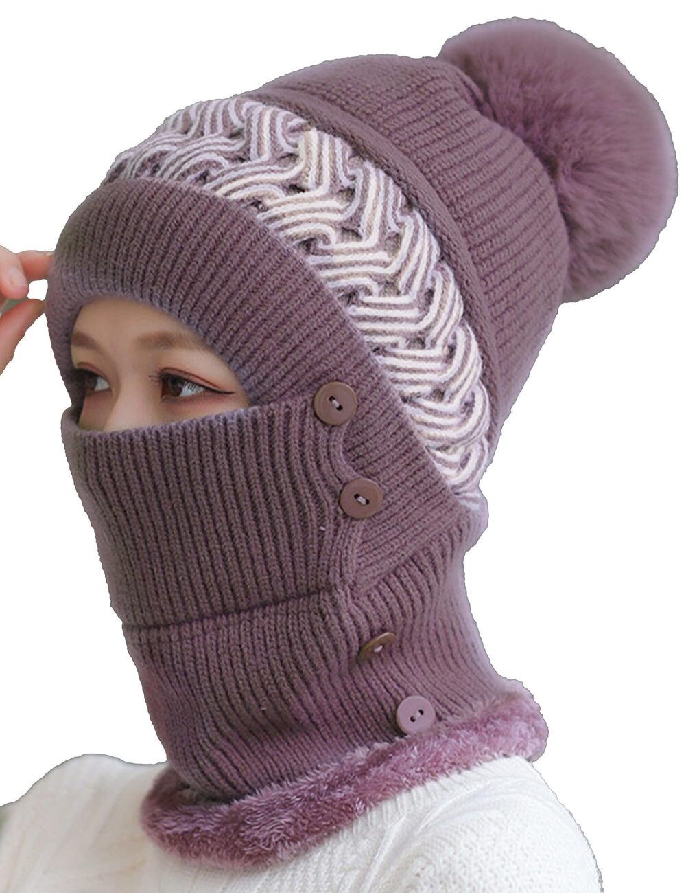 8320 Winter Warm Knitted Crochet Hat Fleece Lined Cable Faux Fur Pom Pom